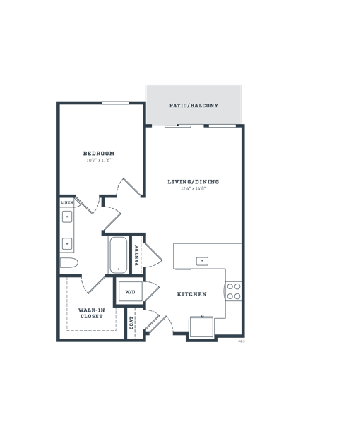 Floor plan for 1 bed, 1 bath, 745 sqft